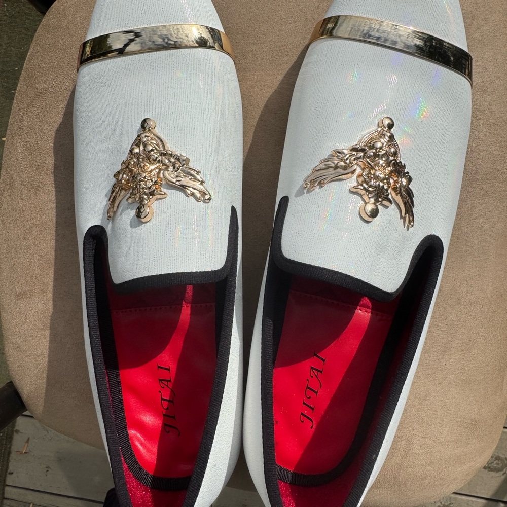 White and Gold Slip-On Loafers with Equestrian Detail